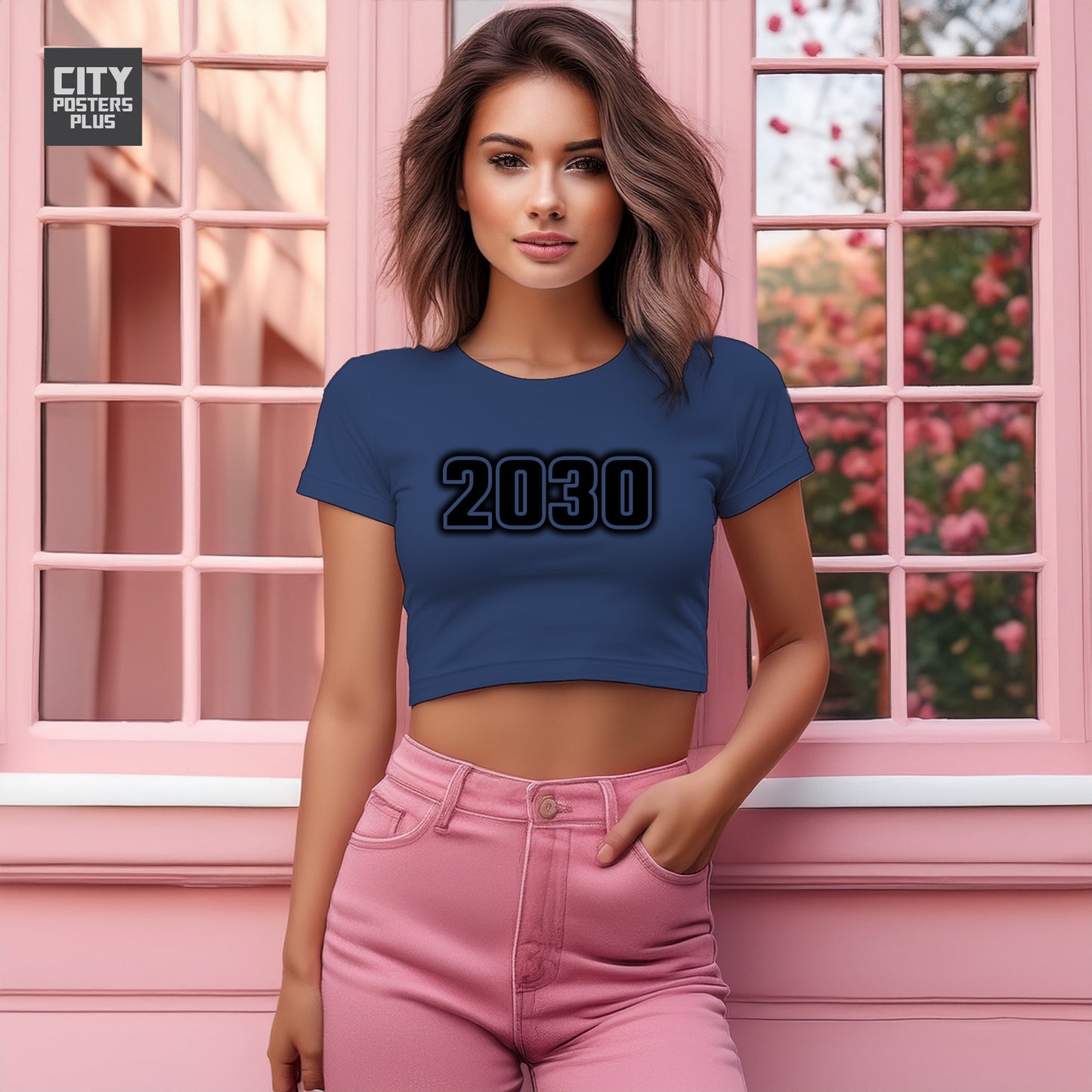 2030 Year Women Crop Top (Navy Blue)