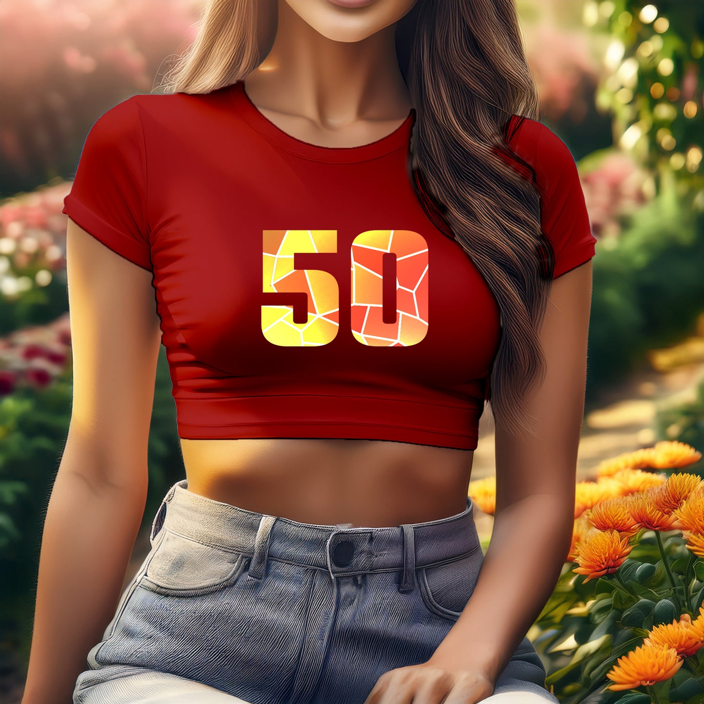 50 Number Women Crop Top (Red)