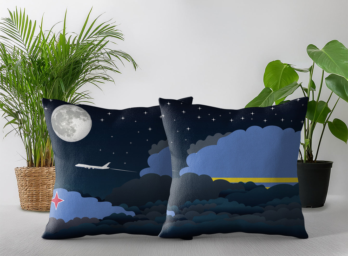 Aruba World Airplane Night Clouds Square & Rectangle Pillow Cases | Aviation Night Sky Pillow Covers