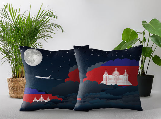 Cambodia World Airplane Night Clouds Square & Rectangle Pillow Cases | Aviation Night Sky Pillow Covers