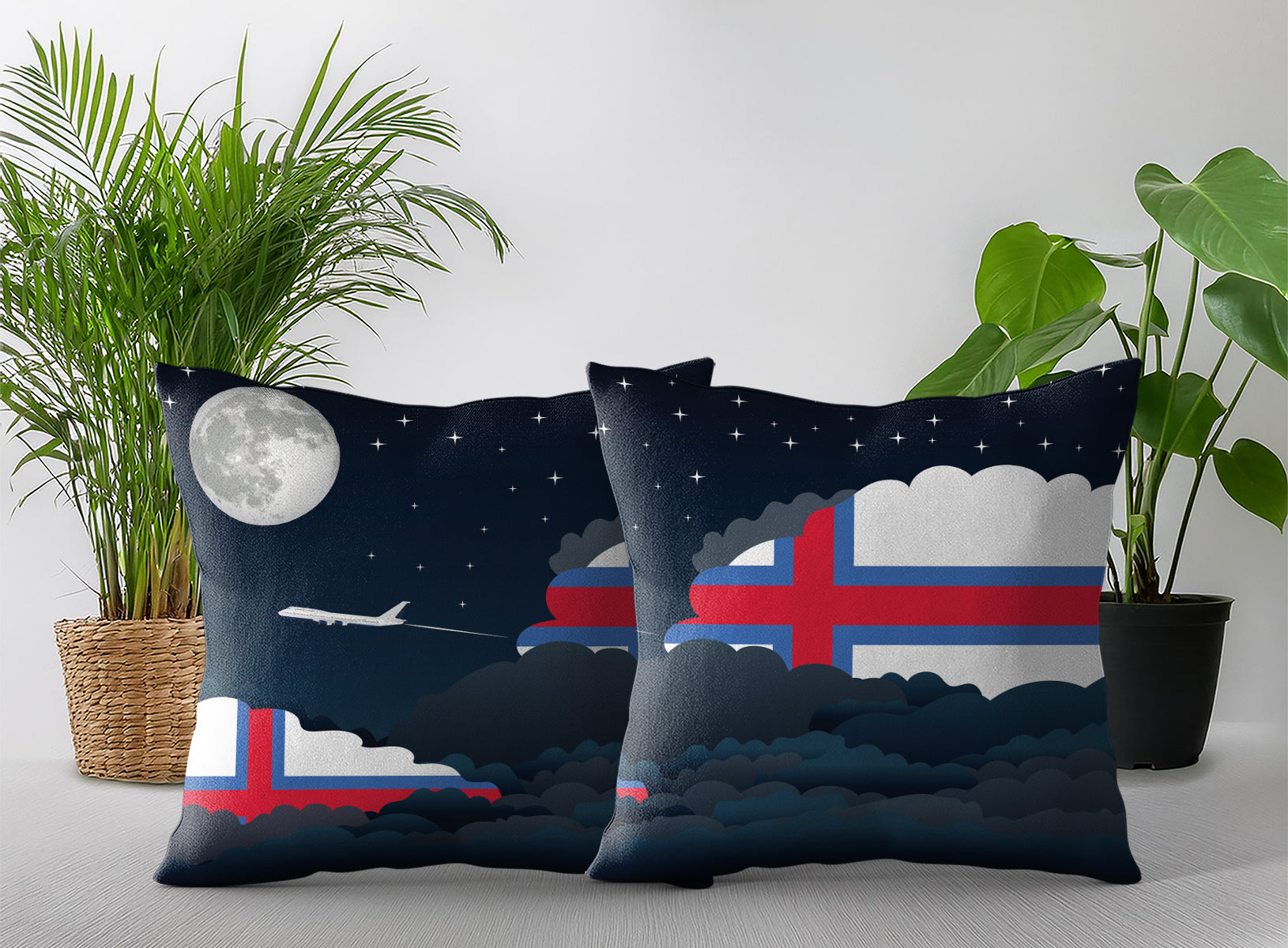 Faroe Islands World Airplane Night Clouds Square & Rectangle Pillow Cases | Aviation Night Sky Pillow Covers