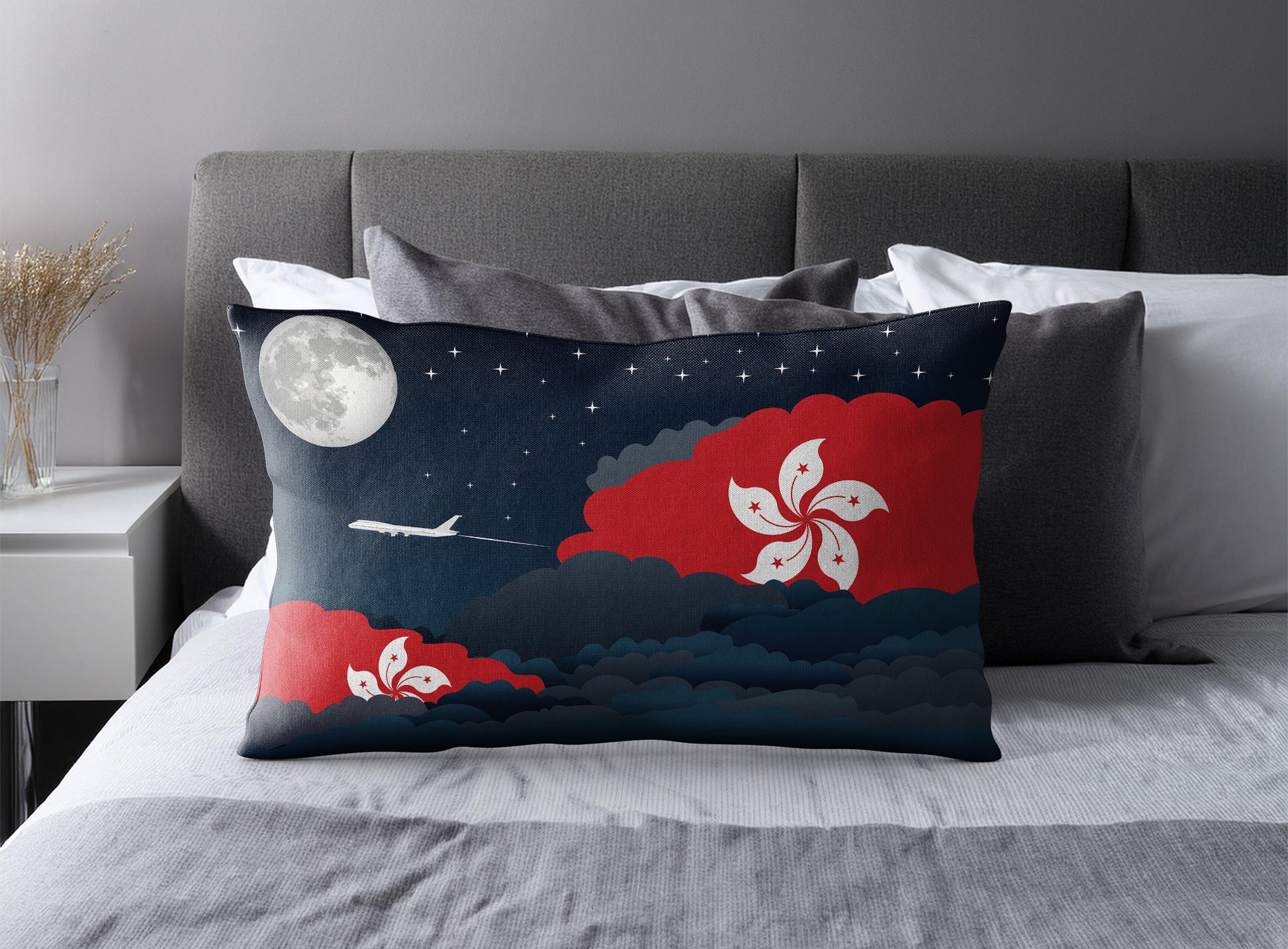 Hong Kong World Airplane Night Clouds Square & Rectangle Pillow Cases | Aviation Night Sky Pillow Covers