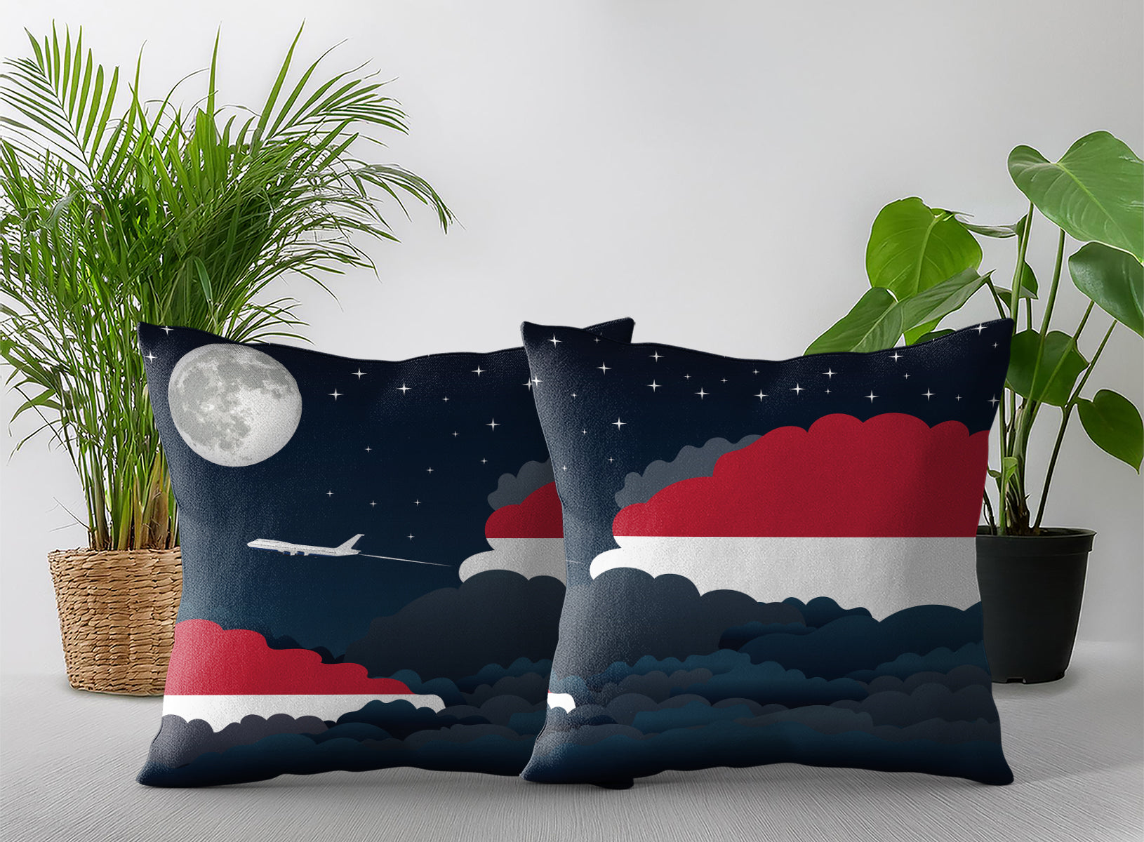Indonesia World Airplane Night Clouds Square & Rectangle Pillow Cases | Aviation Night Sky Pillow Covers