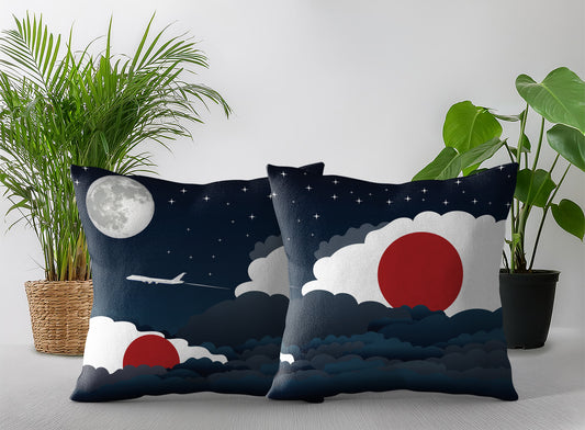 Japan World Airplane Night Clouds Square & Rectangle Pillow Cases | Aviation Night Sky Pillow Covers