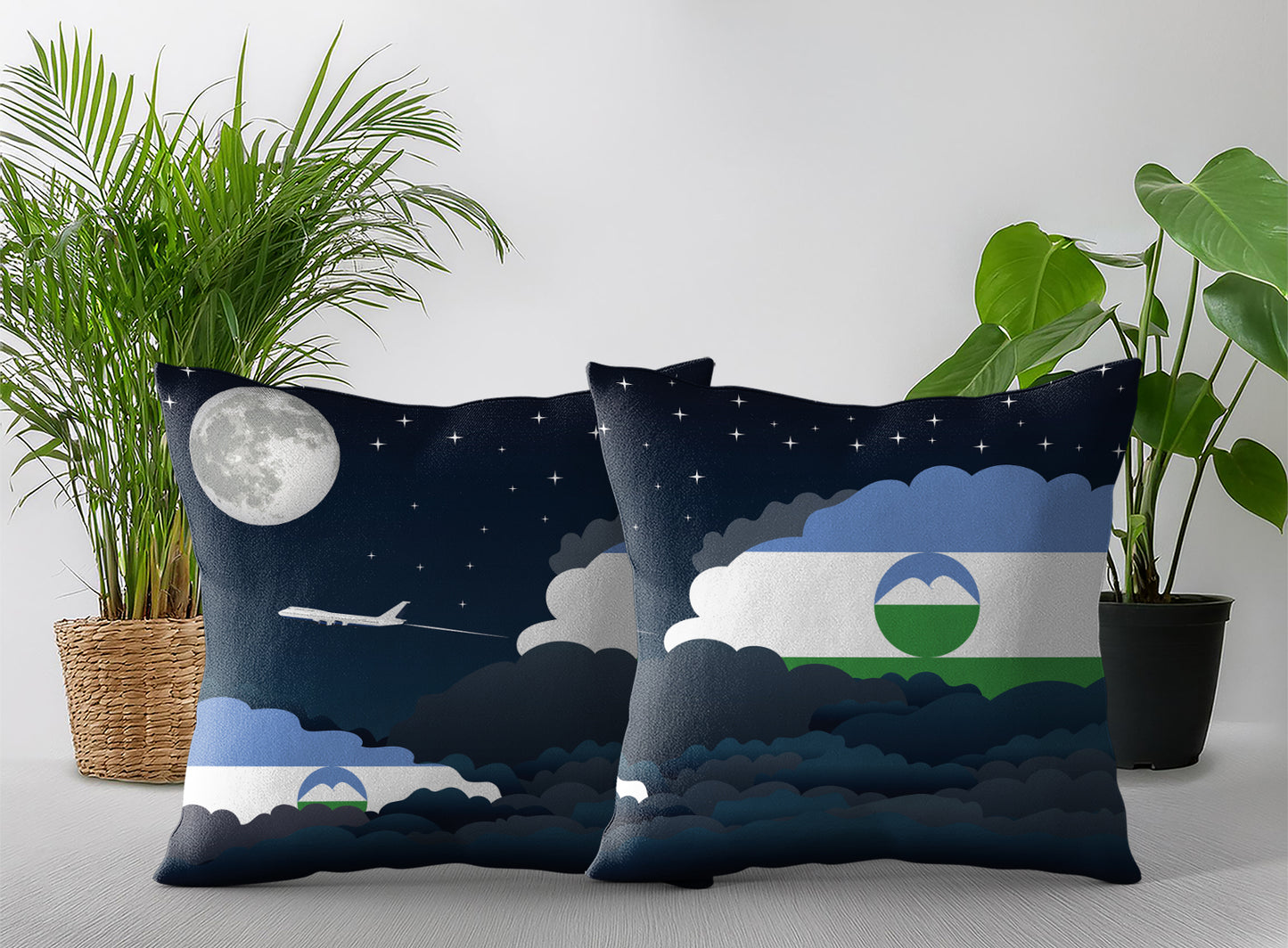 Kabardino Balkaria World Airplane Night Clouds Square & Rectangle Pillow Cases | Aviation Night Sky Pillow Covers