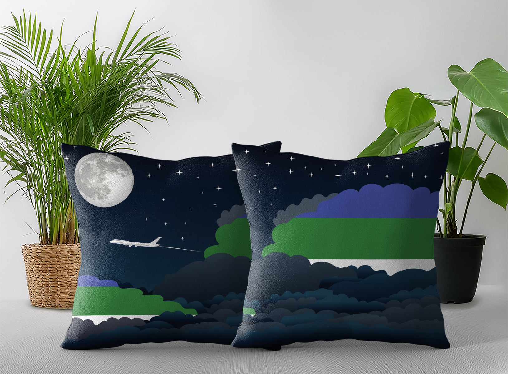 Komi World Airplane Night Clouds Square & Rectangle Pillow Cases | Aviation Night Sky Pillow Covers