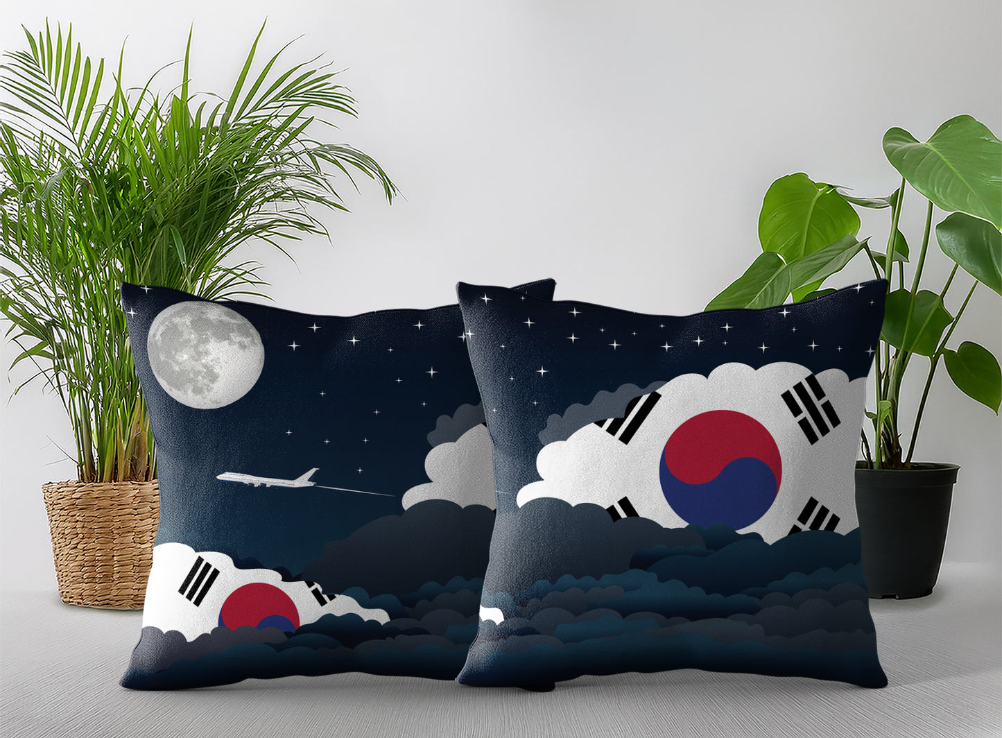 Korea South World Airplane Night Clouds Square & Rectangle Pillow Cases | Aviation Night Sky Pillow Covers