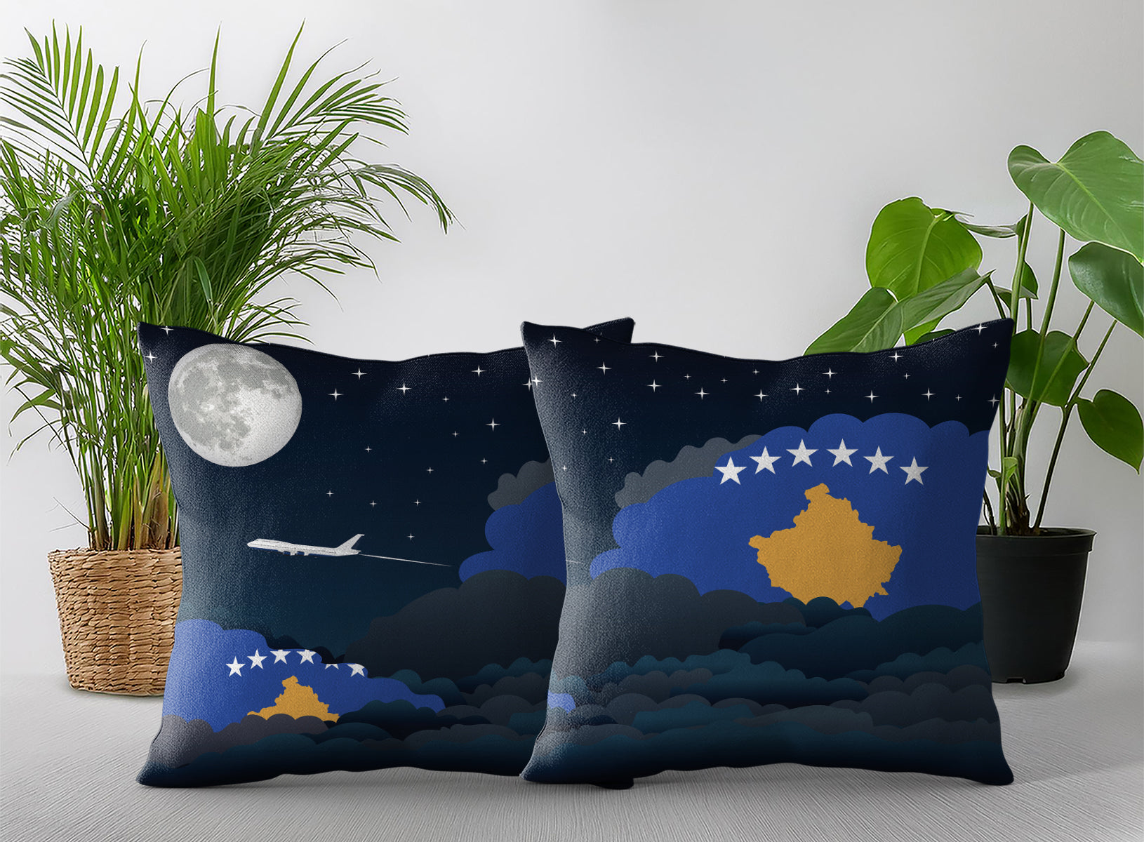Kosovo World Airplane Night Clouds Square & Rectangle Pillow Cases | Aviation Night Sky Pillow Covers