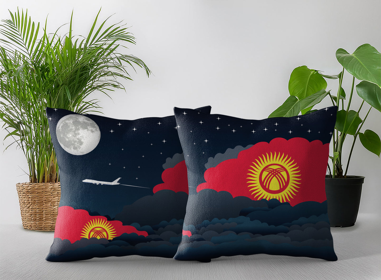 Kyrgyzstan World Airplane Night Clouds Square & Rectangle Pillow Cases | Aviation Night Sky Pillow Covers