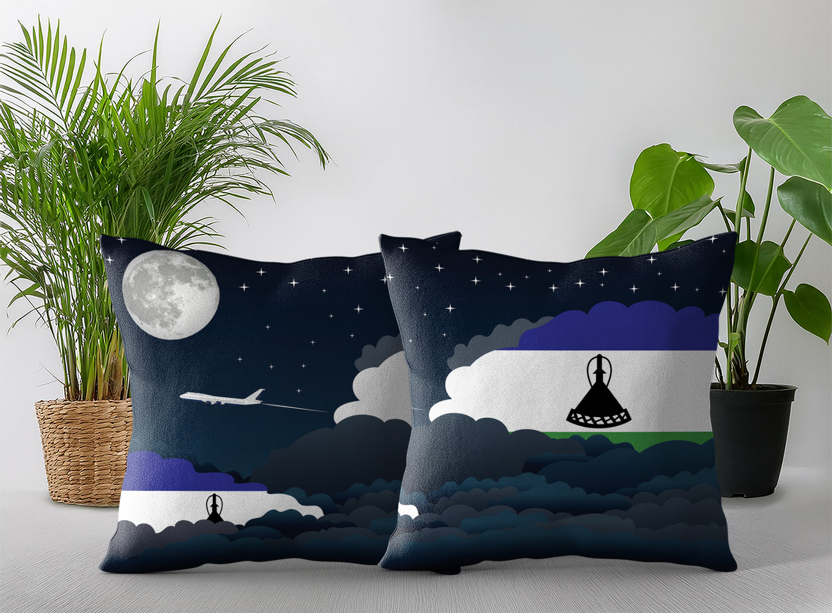 Lesotho World Airplane Night Clouds Square & Rectangle Pillow Cases | Aviation Night Sky Pillow Covers