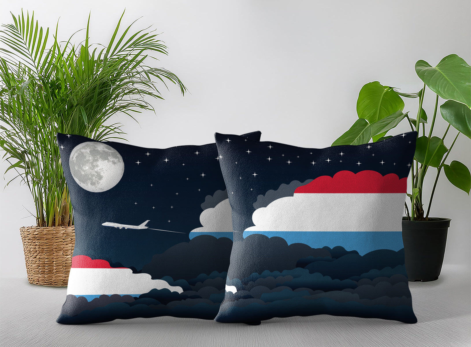 Luxembourg World Airplane Night Clouds Square & Rectangle Pillow Cases | Aviation Night Sky Pillow Covers