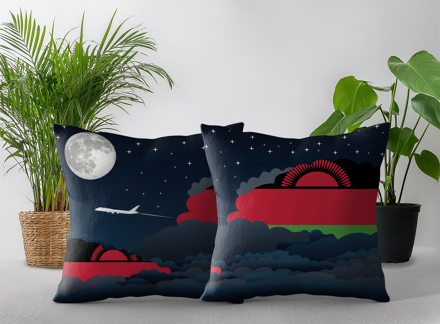 Malawi World Airplane Night Clouds Square & Rectangle Pillow Cases | Aviation Night Sky Pillow Covers