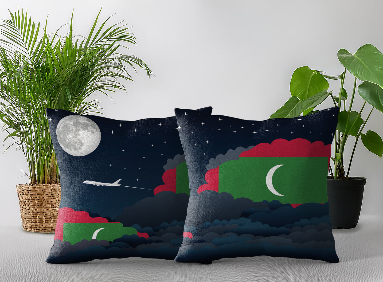 Maldives World Airplane Night Clouds Square & Rectangle Pillow Cases | Aviation Night Sky Pillow Covers