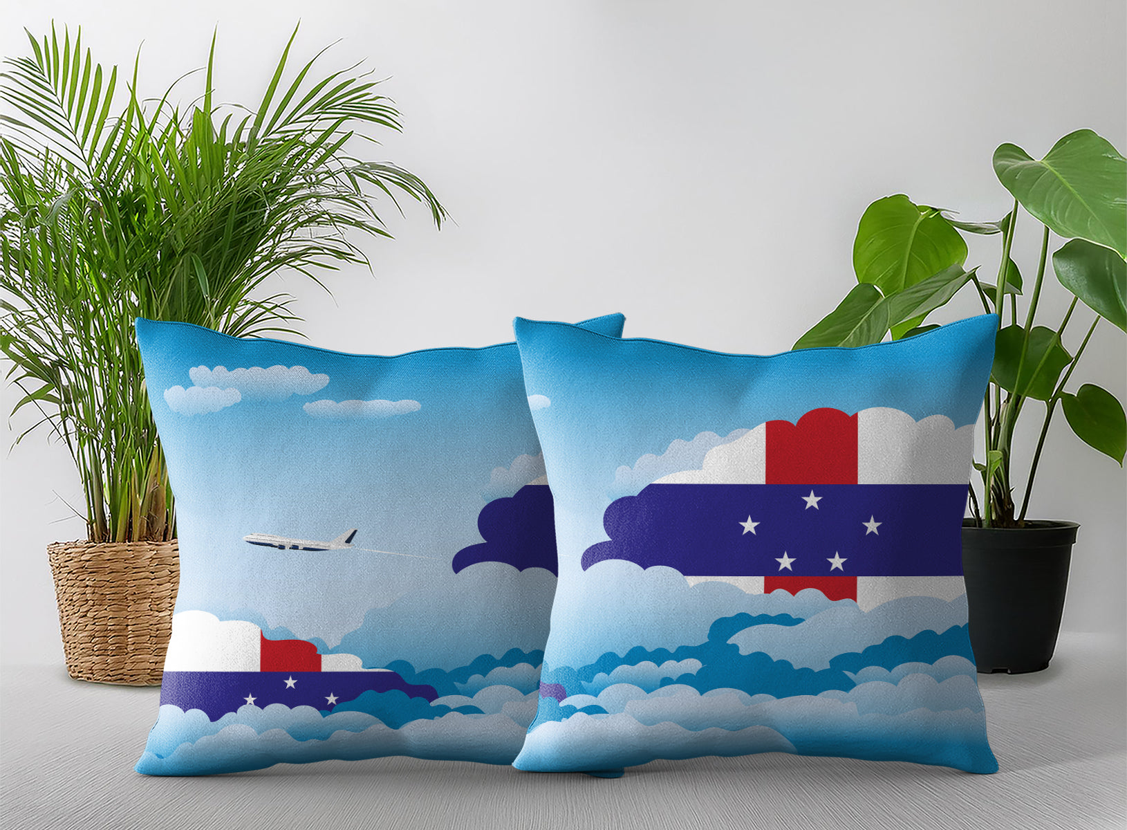 Netherlands Antilles World Airplane Day Clouds Square & Rectangle Pillow Cases | Aviation Decorative Pillow Covers