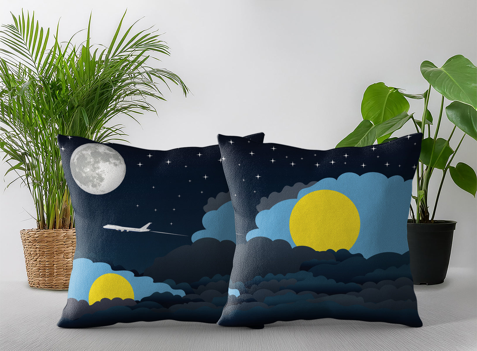 Palau World Airplane Night Clouds Square & Rectangle Pillow Cases | Aviation Night Sky Pillow Covers