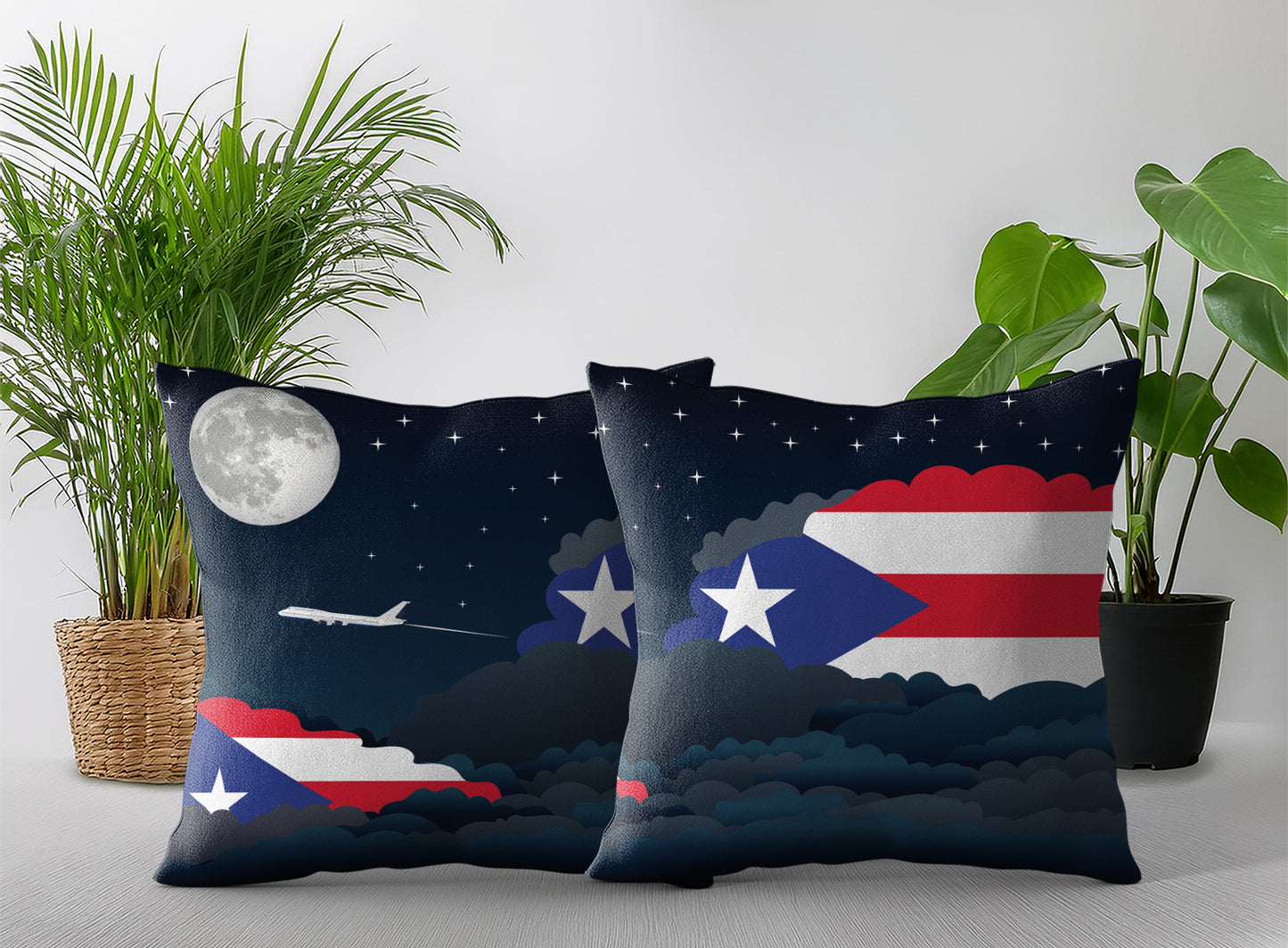 Puerto Rico World Airplane Night Clouds Square & Rectangle Pillow Cases | Aviation Night Sky Pillow Covers