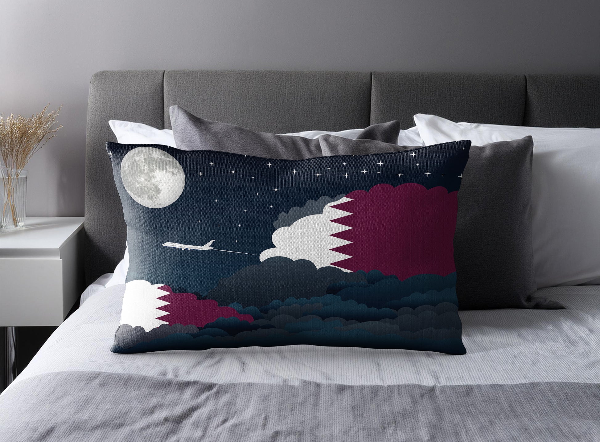 Qatar World Airplane Night Clouds Square & Rectangle Pillow Cases | Aviation Night Sky Pillow Covers