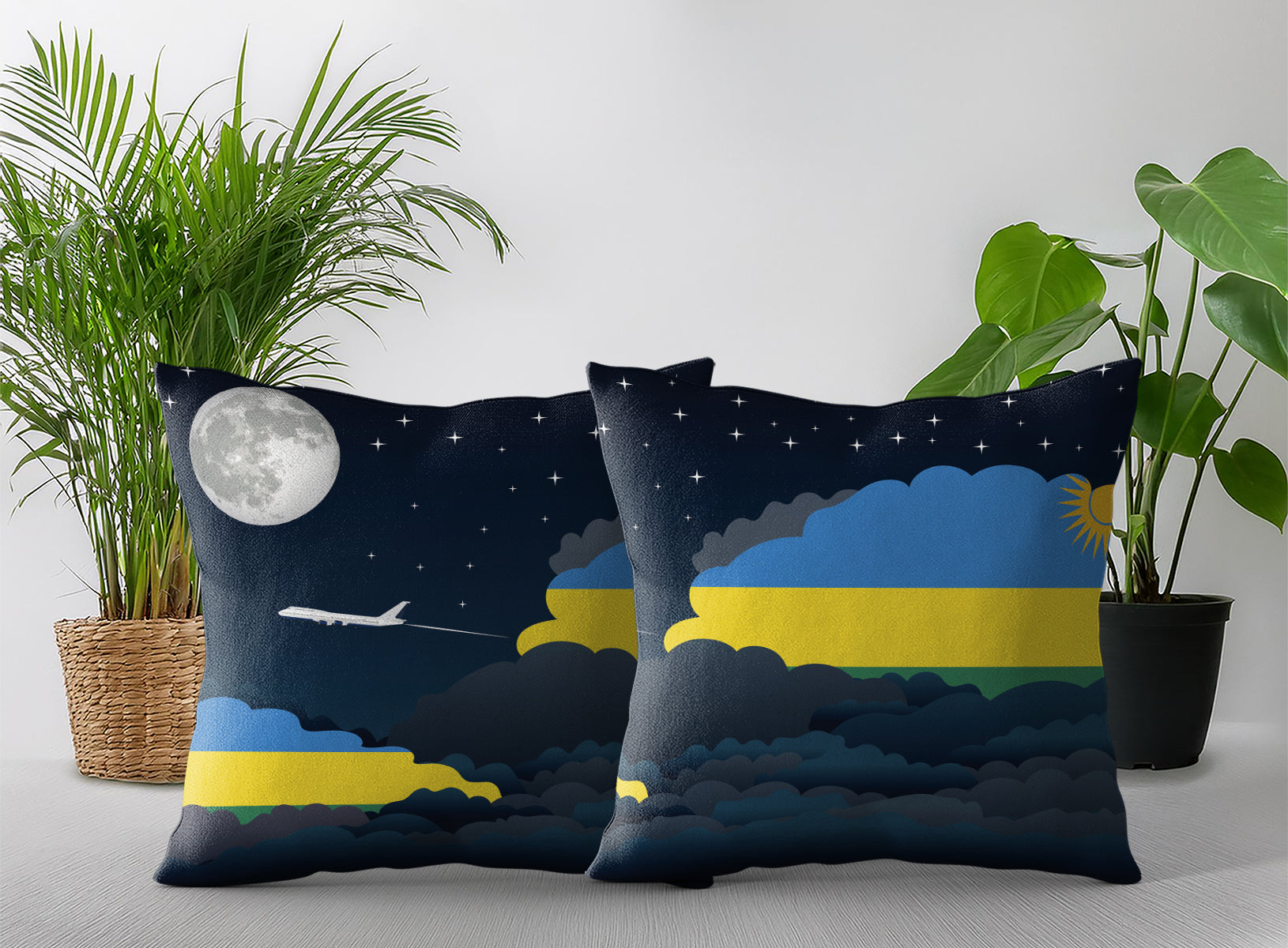 Rwanda World Airplane Night Clouds Square & Rectangle Pillow Cases | Aviation Night Sky Pillow Covers