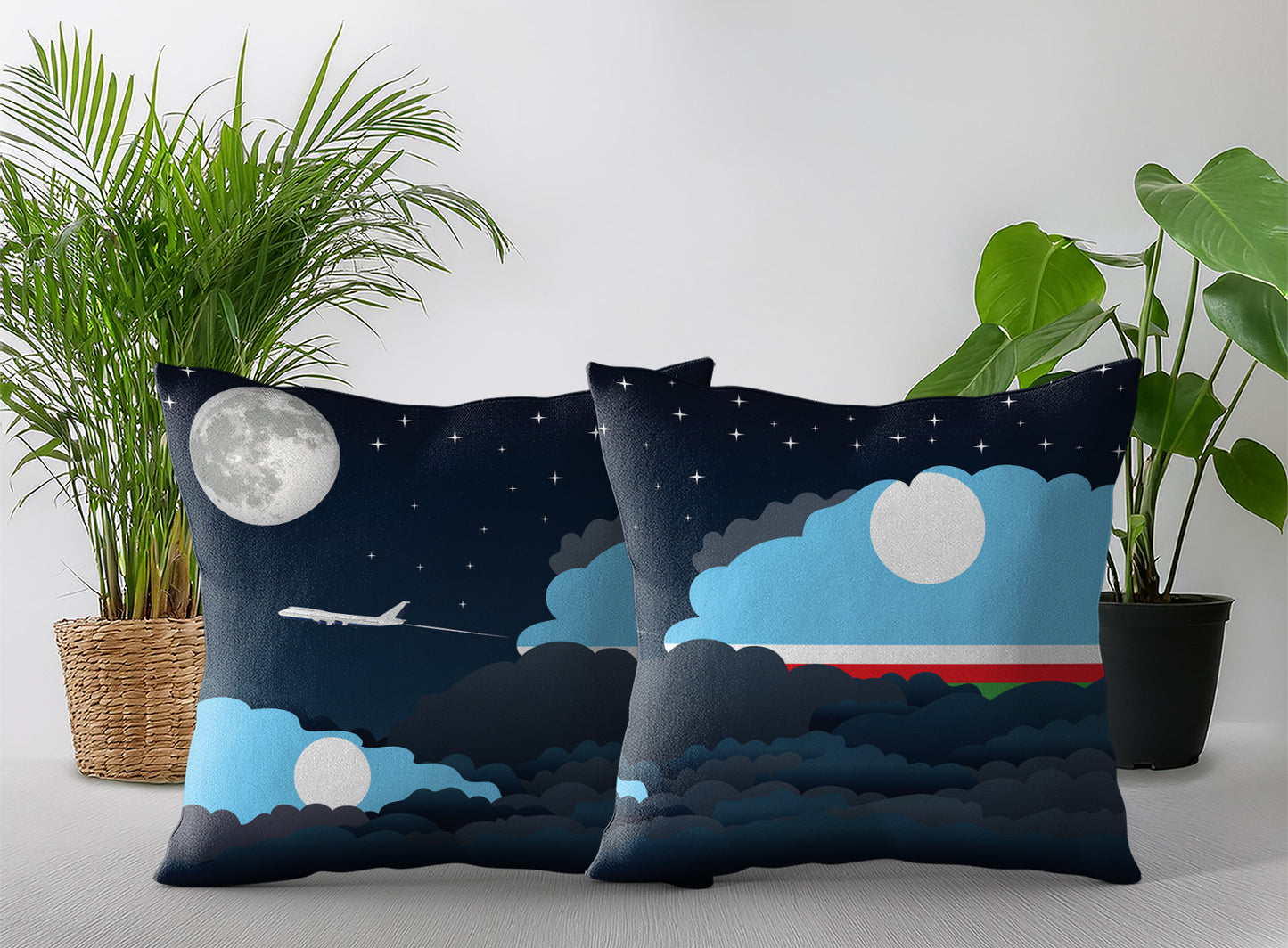 Sakha Republic World Airplane Night Clouds Square & Rectangle Pillow Cases | Aviation Night Sky Pillow Covers