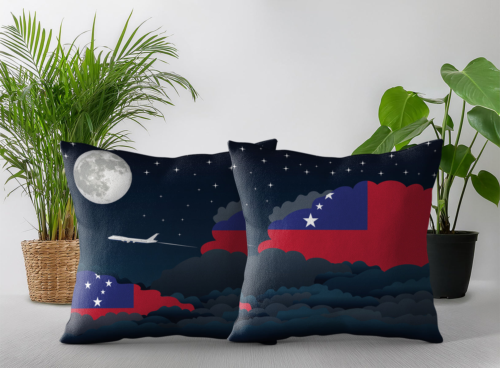 Samoa World Airplane Night Clouds Square & Rectangle Pillow Cases | Aviation Night Sky Pillow Covers