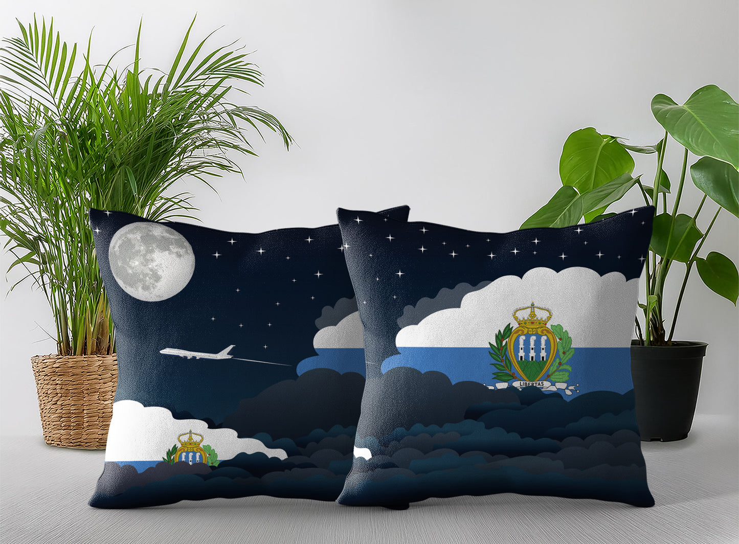 San Marino World Airplane Night Clouds Square & Rectangle Pillow Cases | Aviation Night Sky Pillow Covers