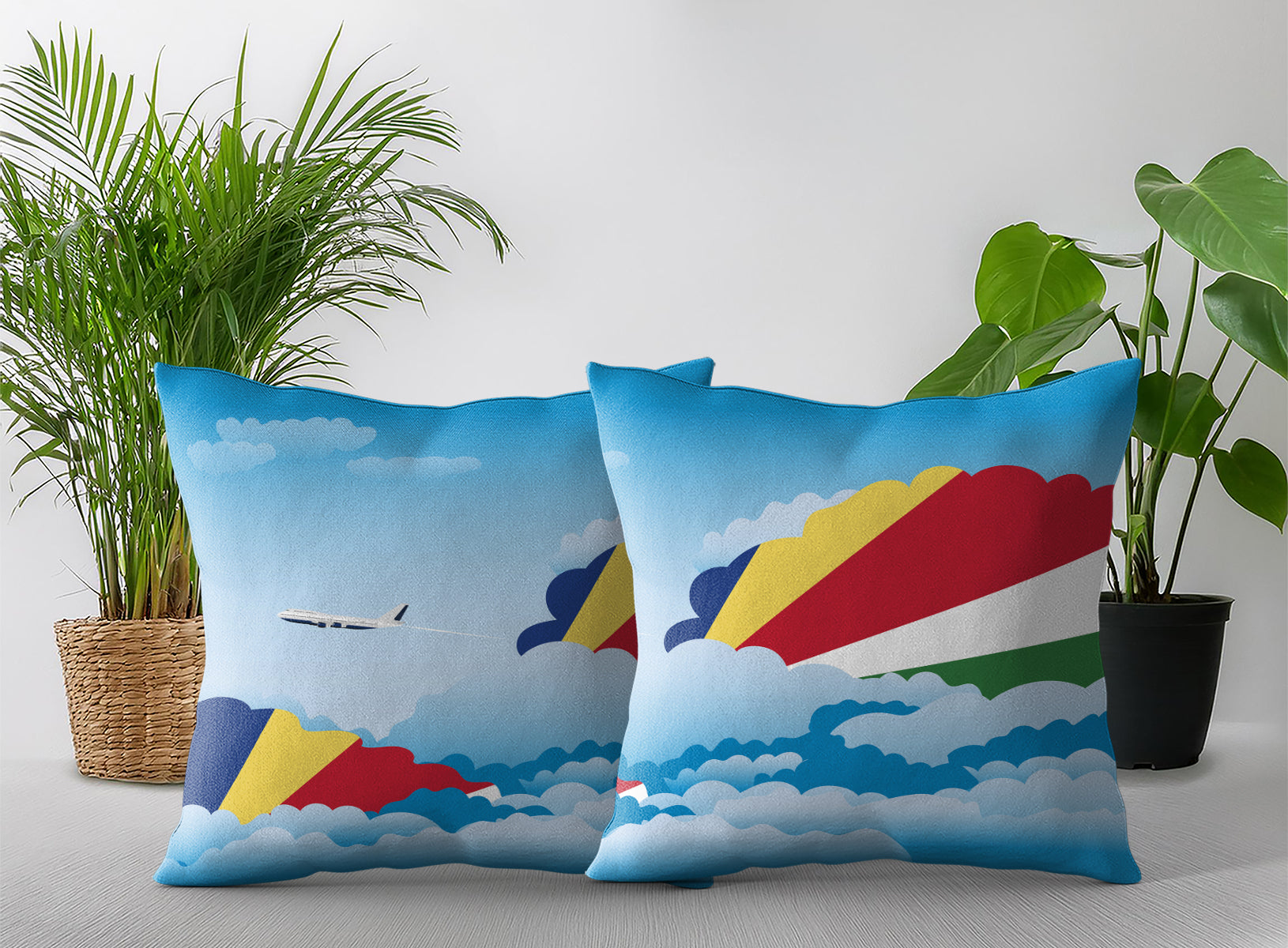 Seychelles World Airplane Day Clouds Square & Rectangle Pillow Cases | Aviation Decorative Pillow Covers