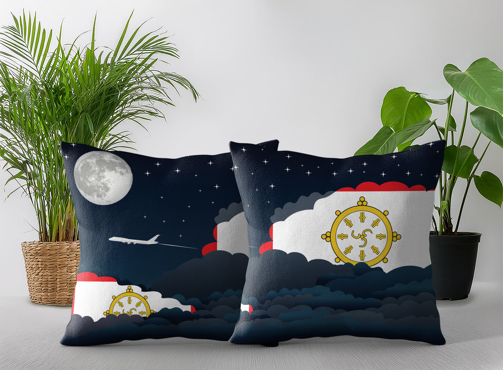 Sikkim World Airplane Night Clouds Square & Rectangle Pillow Cases | Aviation Night Sky Pillow Covers
