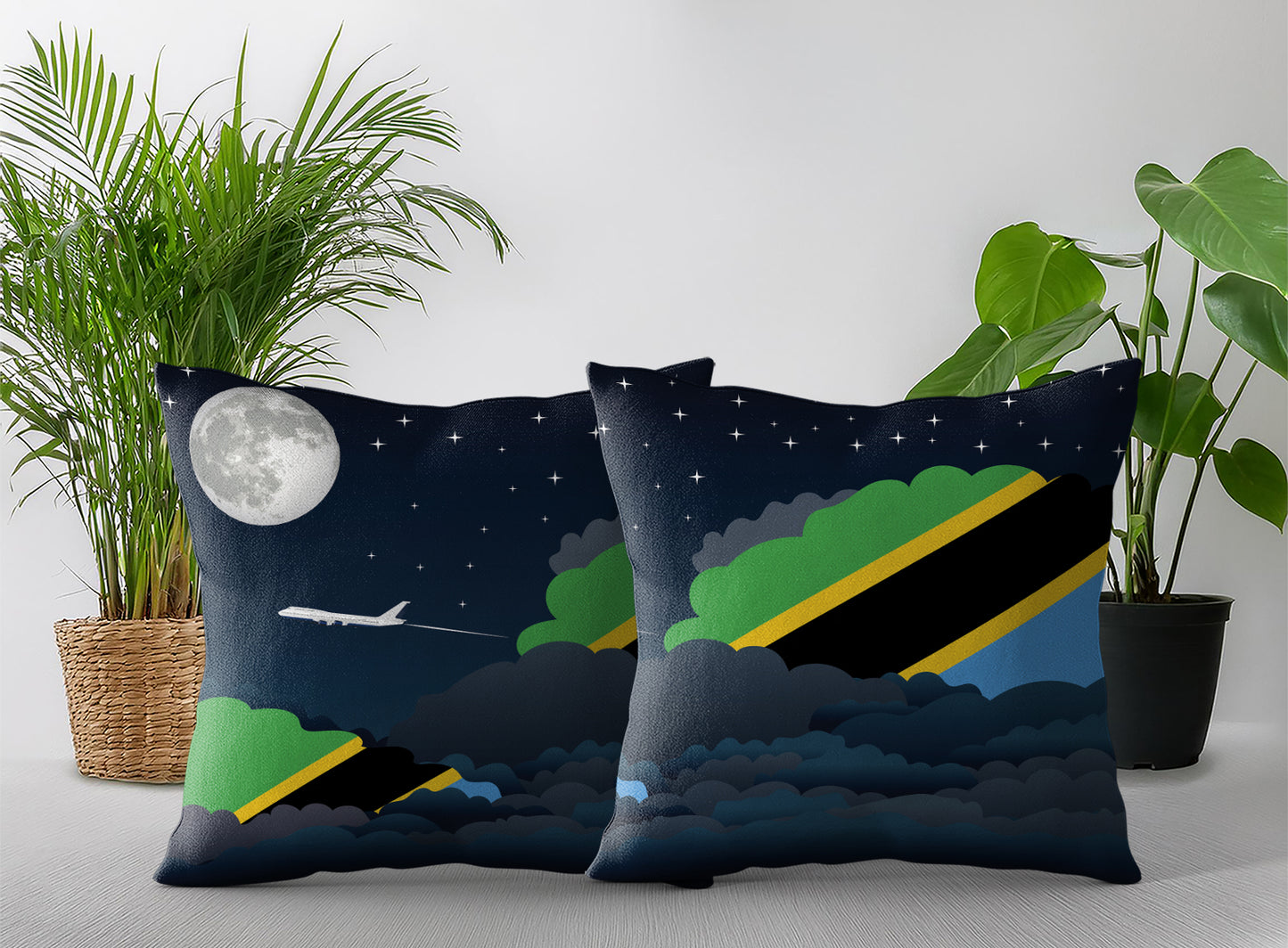 Tanzania World Airplane Night Clouds Square & Rectangle Pillow Cases | Aviation Night Sky Pillow Covers