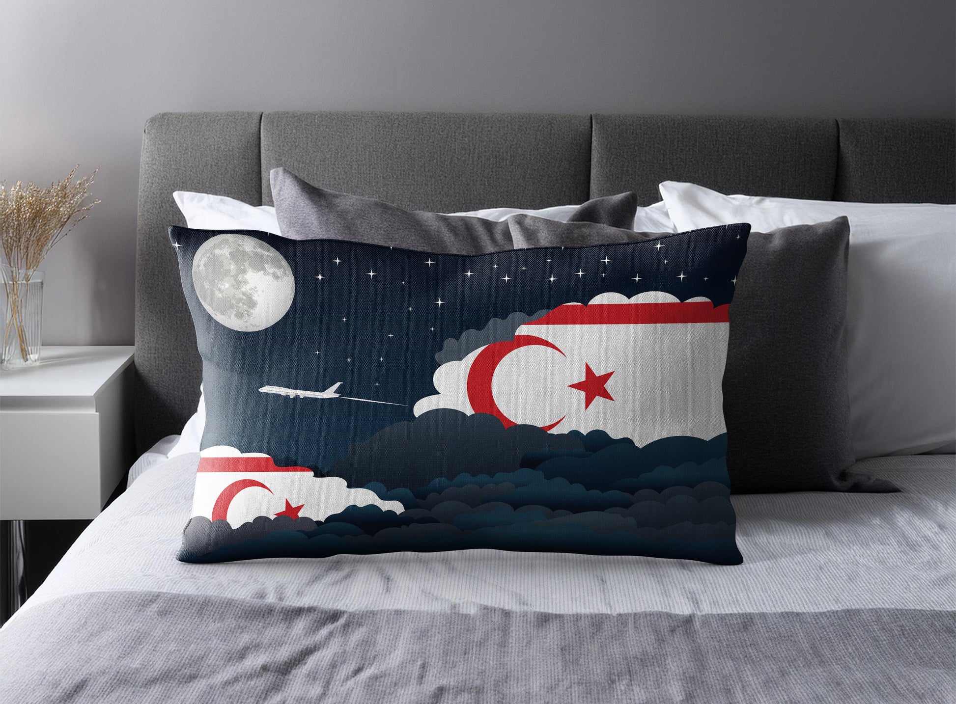 Turkish Republic of Northern Cyprus World Airplane Night Clouds Square & Rectangle Pillow Cases | Aviation Night Sky Pillow Covers