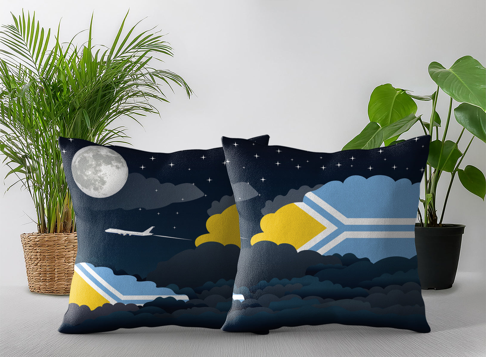 Tuva World Airplane Night Clouds Square & Rectangle Pillow Cases | Aviation Night Sky Pillow Covers