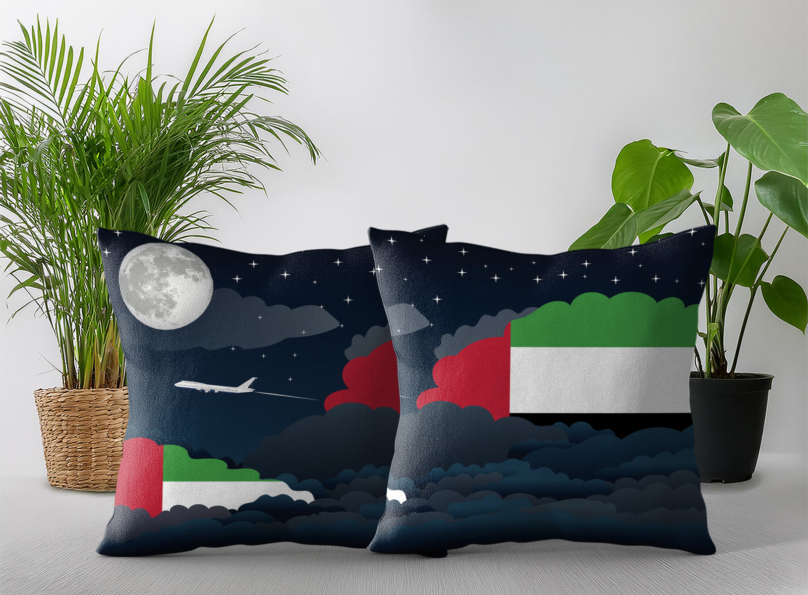 United Arab Emirates World Airplane Night Clouds Square & Rectangle Pillow Cases | Aviation Night Sky Pillow Covers