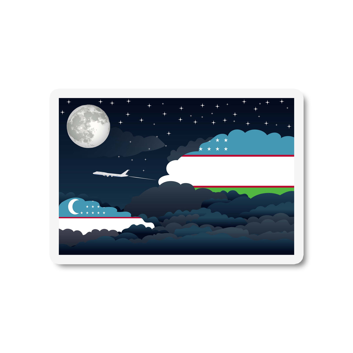 Uzbekistan Airplane Night Clouds Sticker & Magnet