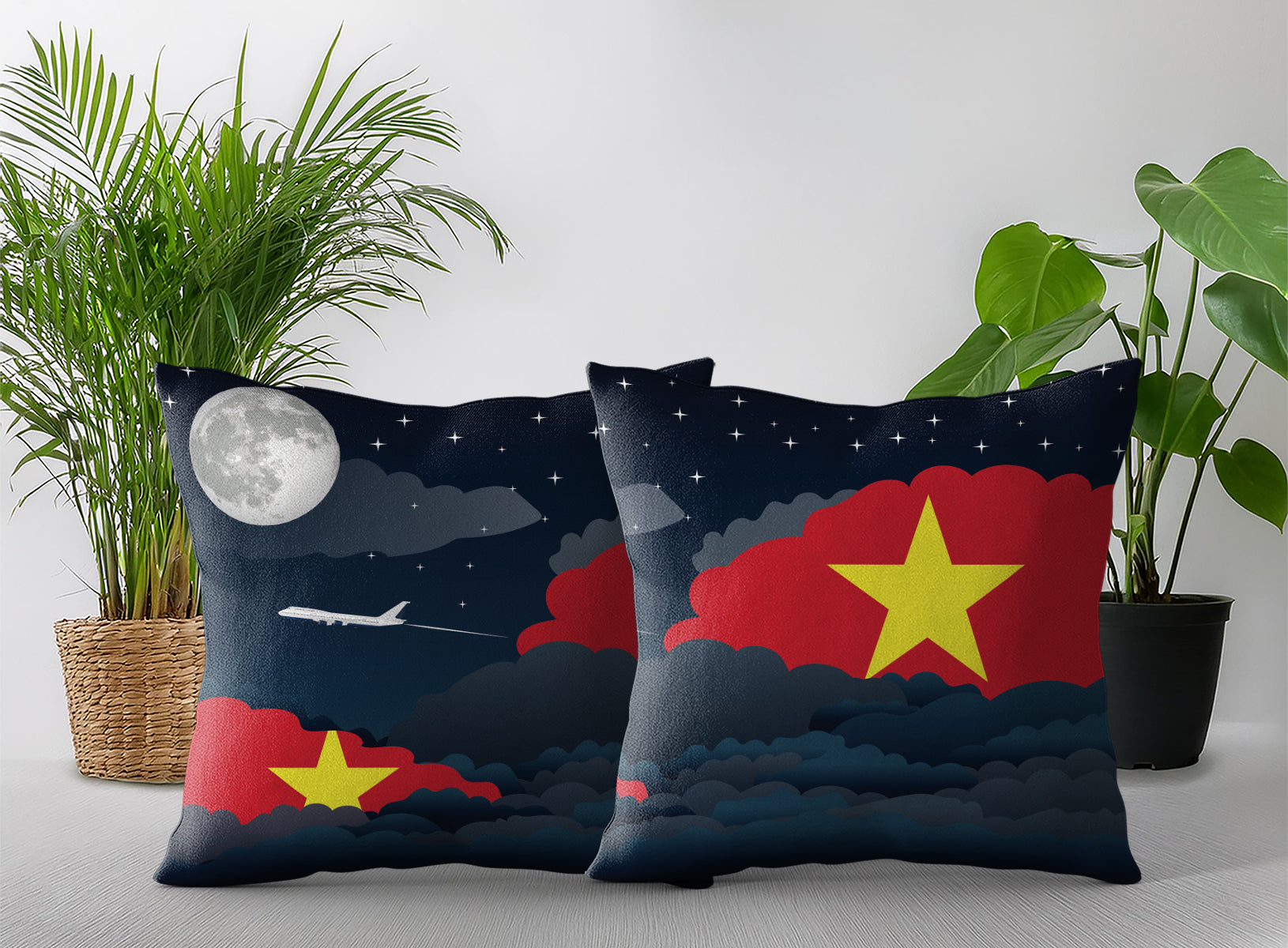 Vietnam World Airplane Night Clouds Square & Rectangle Pillow Cases | Aviation Night Sky Pillow Covers