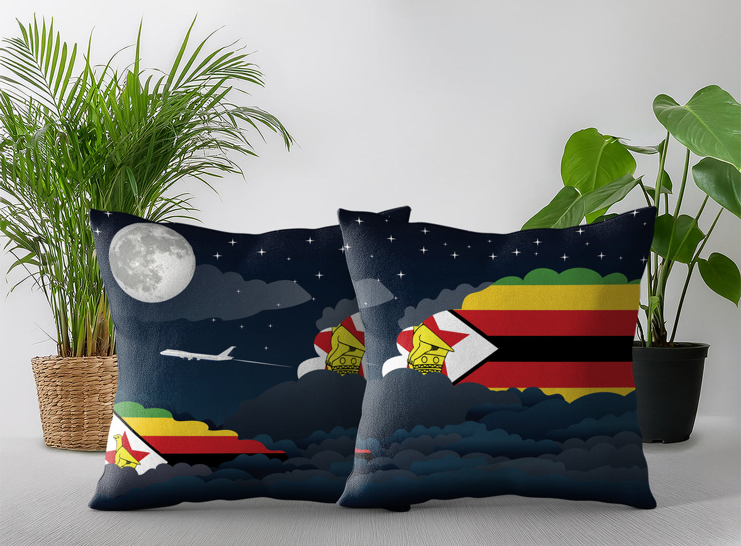 Zimbabwe World Airplane Night Clouds Square & Rectangle Pillow Cases | Aviation Night Sky Pillow Covers